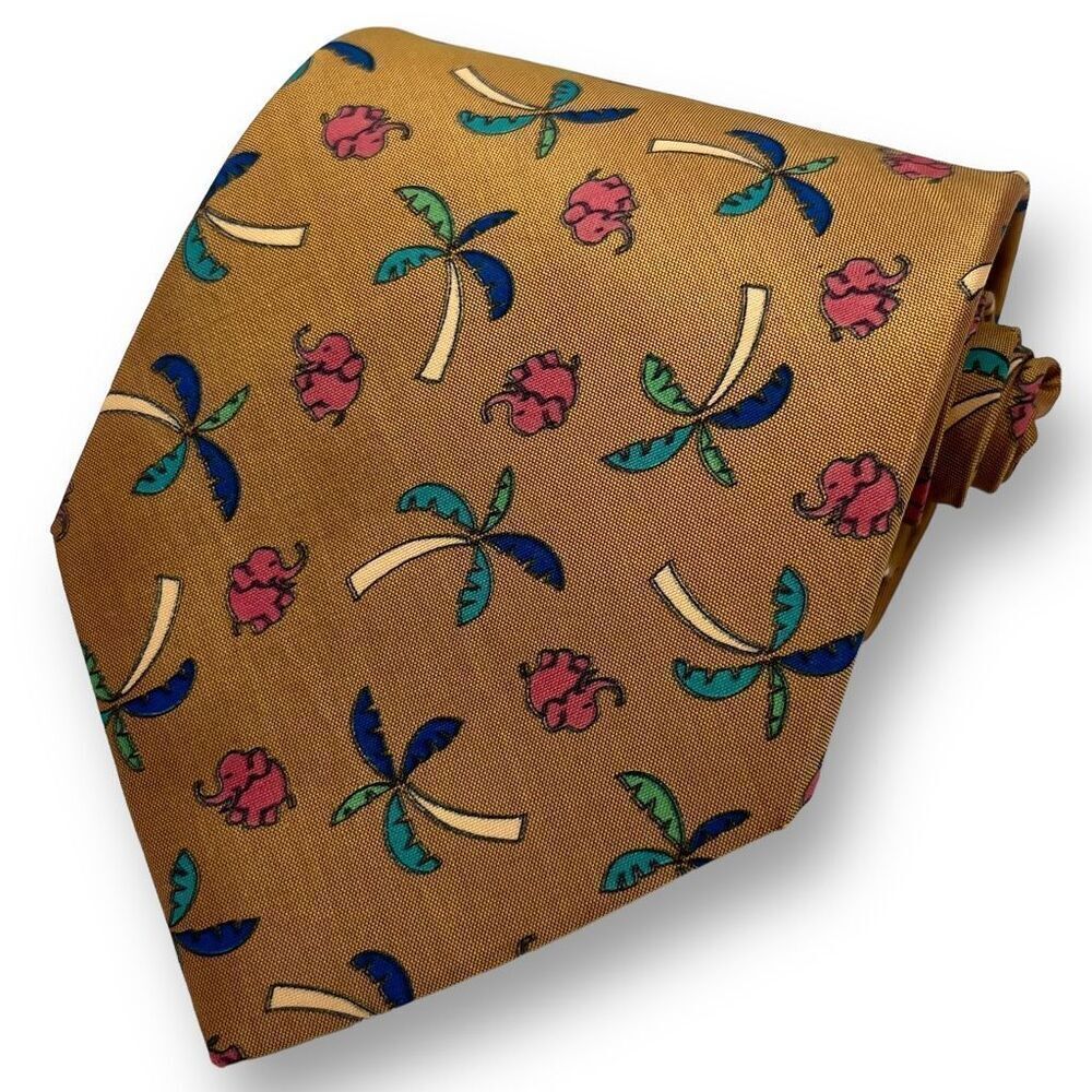 TSV Men’s Whimsical Elephant Palm Tree Motif Tie, 100% Silk, Made in Thailand